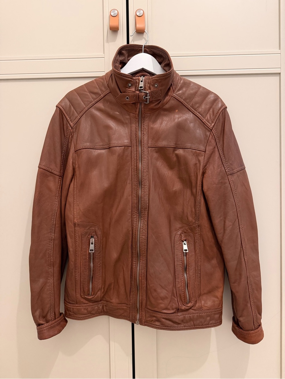 Vintage Brown Leather Jacket with Stand Collar